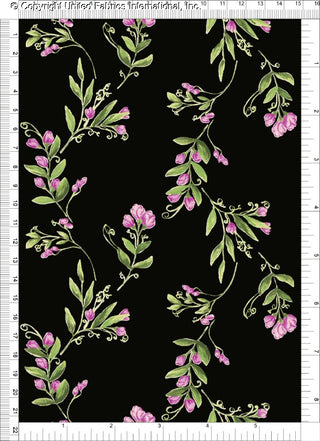 Challis Rayon Printed Emylin with vine and pea flower pattern, woven fabric for apparel
