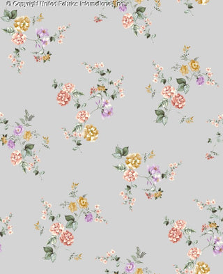 Challis Rayon Printed Manna with floral lilies and rose pattern, woven fabric for sewing DENIM/BLUSH/LILAC