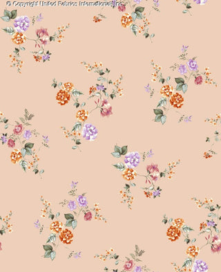 Challis Rayon Printed Manna with floral lilies and rose pattern, woven fabric for sewing BLUSH/LILAC/TANG