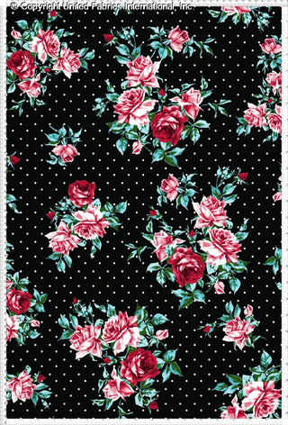 Techno crepe fabric featuring scattered rose flowers on polka dot background
