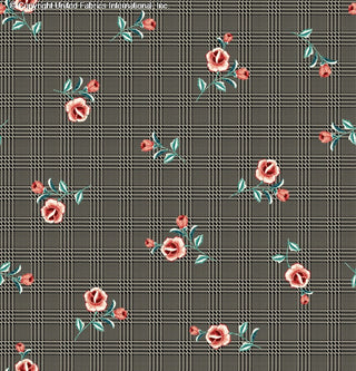 Techno crepe fabric featuring scattered rose flowers on polka dot background BLACK/SILVER/RED