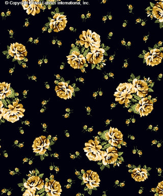 Stretch Techno crepe fabric with rose flower print for apparel and crafts NAVY/YELLOW/GREEN