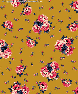 Stretch Techno crepe fabric with rose flower print for apparel and crafts MUSTARD/CORAL/DENIM