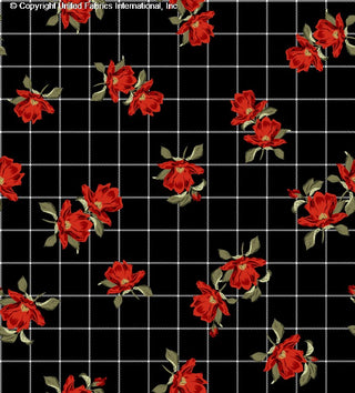 Grid patterned stretch crepe fabric with scattered magnolia flower motifs BLACK/RED/GREEN
