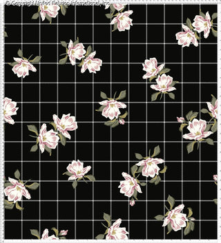 Grid patterned stretch crepe fabric with scattered magnolia flower motifs