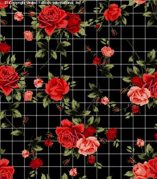 Grid patterned stretch crepe fabric with scattered large and small rose motifs BLACK/GREEN/RED