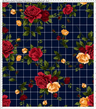 Grid patterned stretch crepe fabric with scattered large and small rose motifs