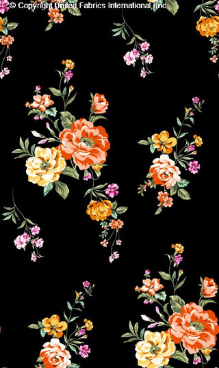 Floral pattern with peonies and small flowers on stretch crepe fabric BLACK/ORANGE/YELLOW