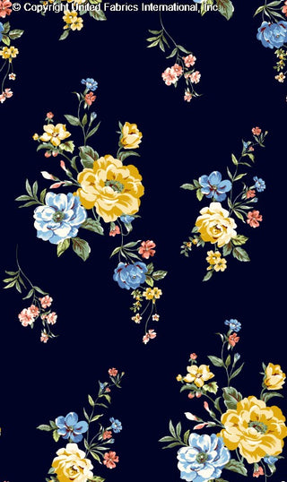 Floral pattern with peonies and small flowers on stretch crepe fabric NAVY/BLUE/YELLOW