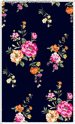 Floral pattern with peonies and small flowers on stretch crepe fabric