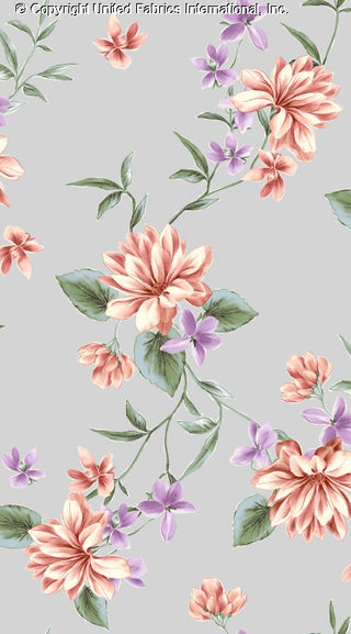 Stretch crepe fabric with large dahlia floral print and small flowers GRAY/ROSE/LILAC