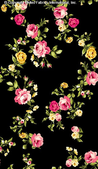 Stretch crepe fabric with large floral print featuring rose and small flower patterns BLACK/ROSE/GOLD