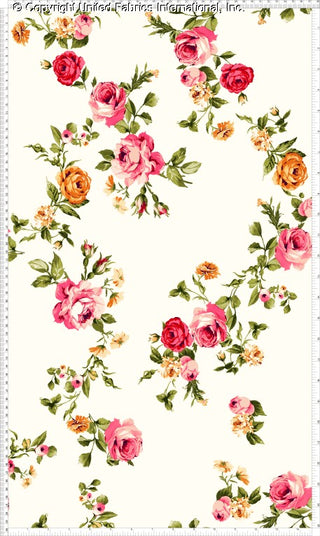 Stretch crepe fabric with large floral print featuring rose and small flower patterns