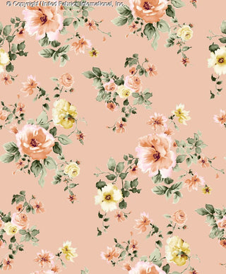 Floral pattern with large roses and small daisies on stretch crepe fabric BLUSH/APRICOT/IVY