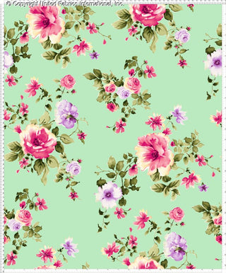 Floral pattern with large roses and small daisies on stretch crepe fabric
