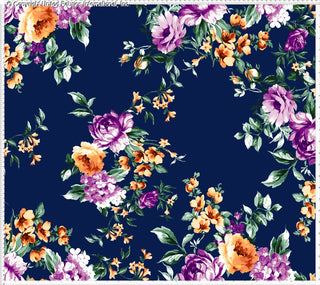 Floral pattern with roses, small flowers, and clustered blooms on stretch crepe fabric
