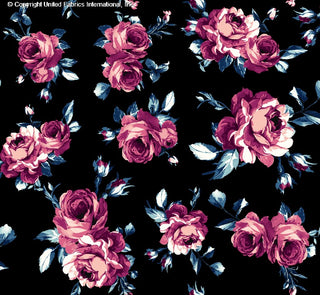 Stretch crepe fabric with large rose floral print and leaves in a repeating pattern BLACK/MAUVE/BLUE
