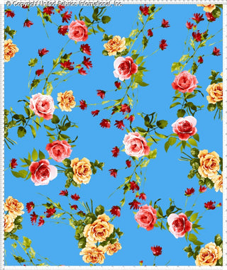 Scuba crepe fabric with large floral print featuring roses, small blossoms, vines, and leaves in a scattered design