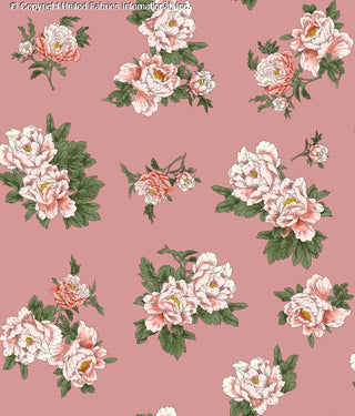 Scattered peonies and leaves floral print on stretch crepe techno fabric ROSE/SALMON/BLUSH