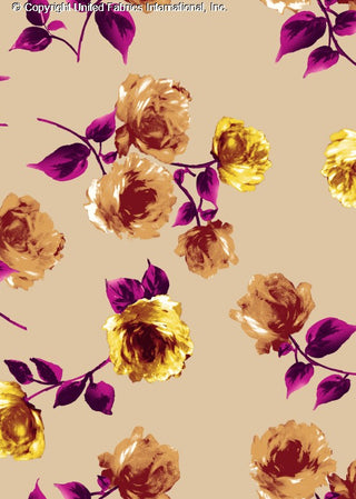 Stretch crepe fabric with large peony floral print and leaves TAUPE/PICANTE/BERRY