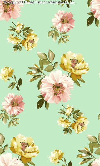 Stretch crepe fabric with large peonies and small buds in a scattered floral print AQUA/ROSE/DIJON