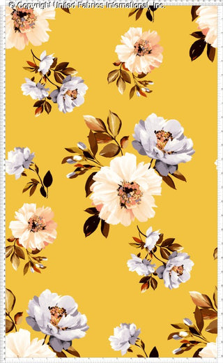 Stretch crepe fabric with large peonies and small buds in a scattered floral print