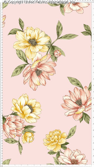 Stretch crepe fabric with large floral print featuring dahlias and foliage