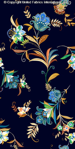 Floral pattern with peony and leaf print, stretch crepe fabric, ideal for prom dresses NAVY/BLUE/HONEY