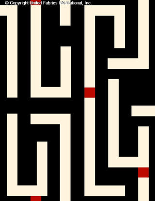 Intricate labyrinth maze pattern with rose motifs on Crepe Techno Printed Nuvia, stretch crepe fabric BLACK/CREAM/RED