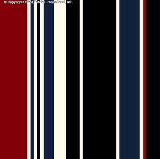 Vertical stripes pattern with varying widths and rose motifs on Crepe Techno Printed Jesse fabric, stretch crepe texture. BLACK/RUBY/DENIM