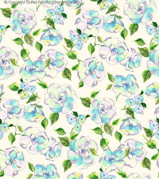 Peony floral print on Crepe Techno Printed Ausmas knit fabric, ideal for stretch prom dresses IVORY/BLUE/GREEN