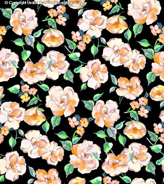 Peony floral print on Crepe Techno Printed Ausmas knit fabric, ideal for stretch prom dresses BLACK/MANGO/GREEN