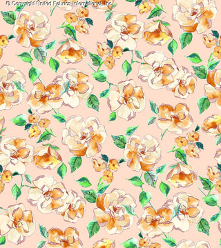 Peony floral print on Crepe Techno Printed Ausmas knit fabric, ideal for stretch prom dresses BLUSH/MANGO/GREEN