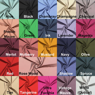 Shiny, smooth satin with slight stretch, ideal for dresses, tops, and decor.