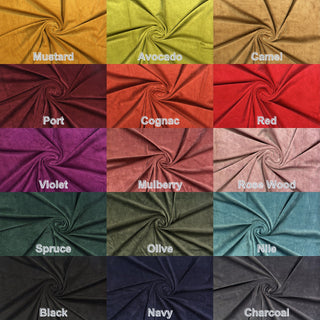 Stretch knit fabric with soft corduroy ribs, plush ridge texture, and a luxurious brushed, velvety finish