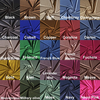 Luxurious trico knit satin texture with a sleek, stretchy, lustrous finish for formalwear, costumes, and crafts