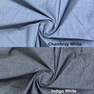 Fine woven surface with delicate heather effect, combining traditional chambray charm with flexible comfort