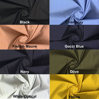 Plain weave cotton with soft stretch and fine, smooth surface ideal for tailored or flowing projects
